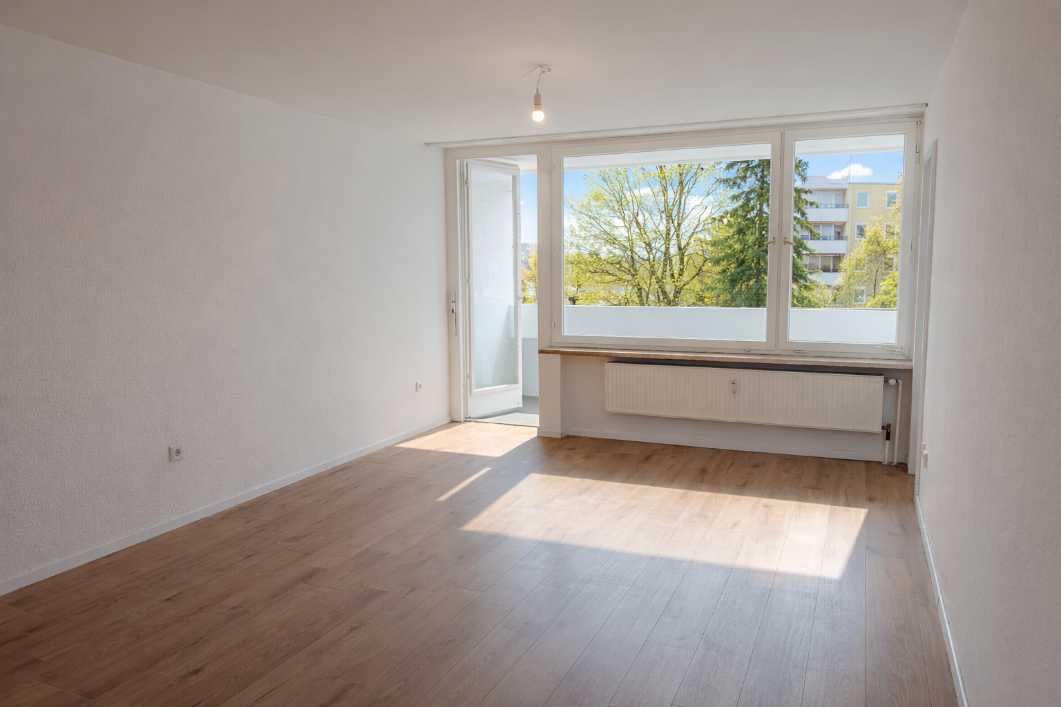 Helles Wohnzimmer mit Blick ins Grüne